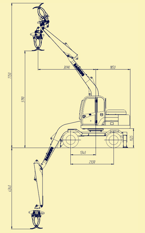 山東寶鼎95輪式挖掘機抓木機性能參數圖 山東寶鼎95輪式挖掘機抓木機性能參數圖